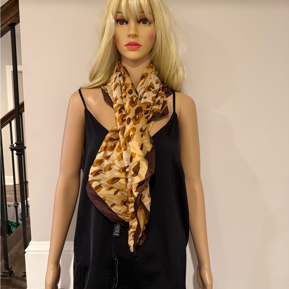 Nicole Miller Studio Brown and Tan Animal Print Silk Scarf - Picture 3 of 6